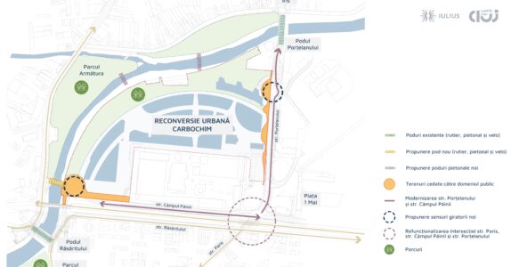 Investiții de utilitate publică de peste 27 milioane de euro, odată cu reconversia platformei Carbochim: pod și pasarele pietonale peste Someș, noi sensuri giratorii, modernizare străzi și Piața 1 Mai, piste de biciclete și alei pietonale.
