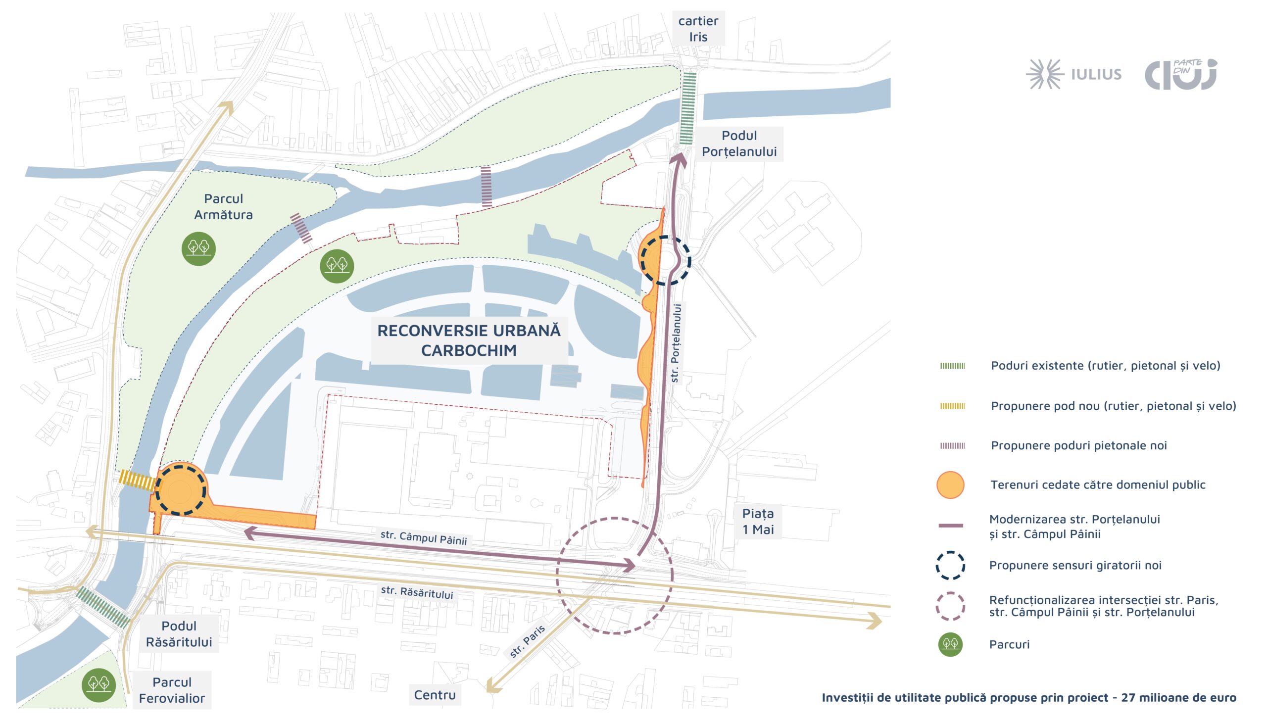 Investiții de utilitate publică de peste 27 milioane de euro, odată cu reconversia platformei Carbochim: pod și pasarele pietonale peste Someș, noi sensuri giratorii, modernizare străzi și Piața 1 Mai, piste de biciclete și alei pietonale.